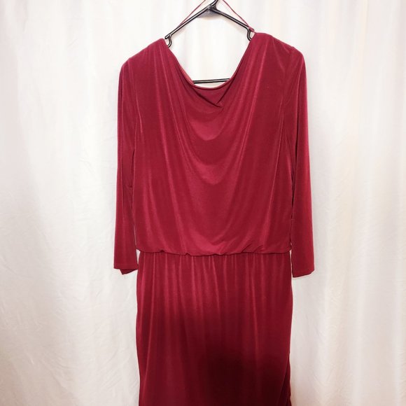 Dressy Dress 3/4 sleeved Cowl Neck Layered Burgundy Stretch Comfortable - Picture 7 of 8